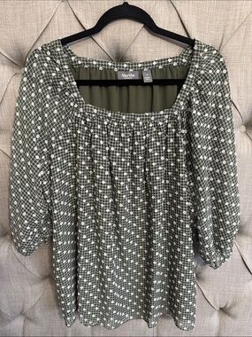 Martha Stewart Olive Green Smocked Square-Neck Long Sleeve Blouse